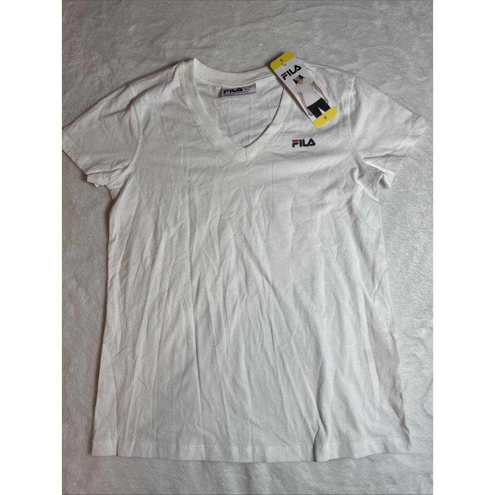 Fila Ladies Cotton Tee V Neck  Logo Short Sleeve Tee White Size Small